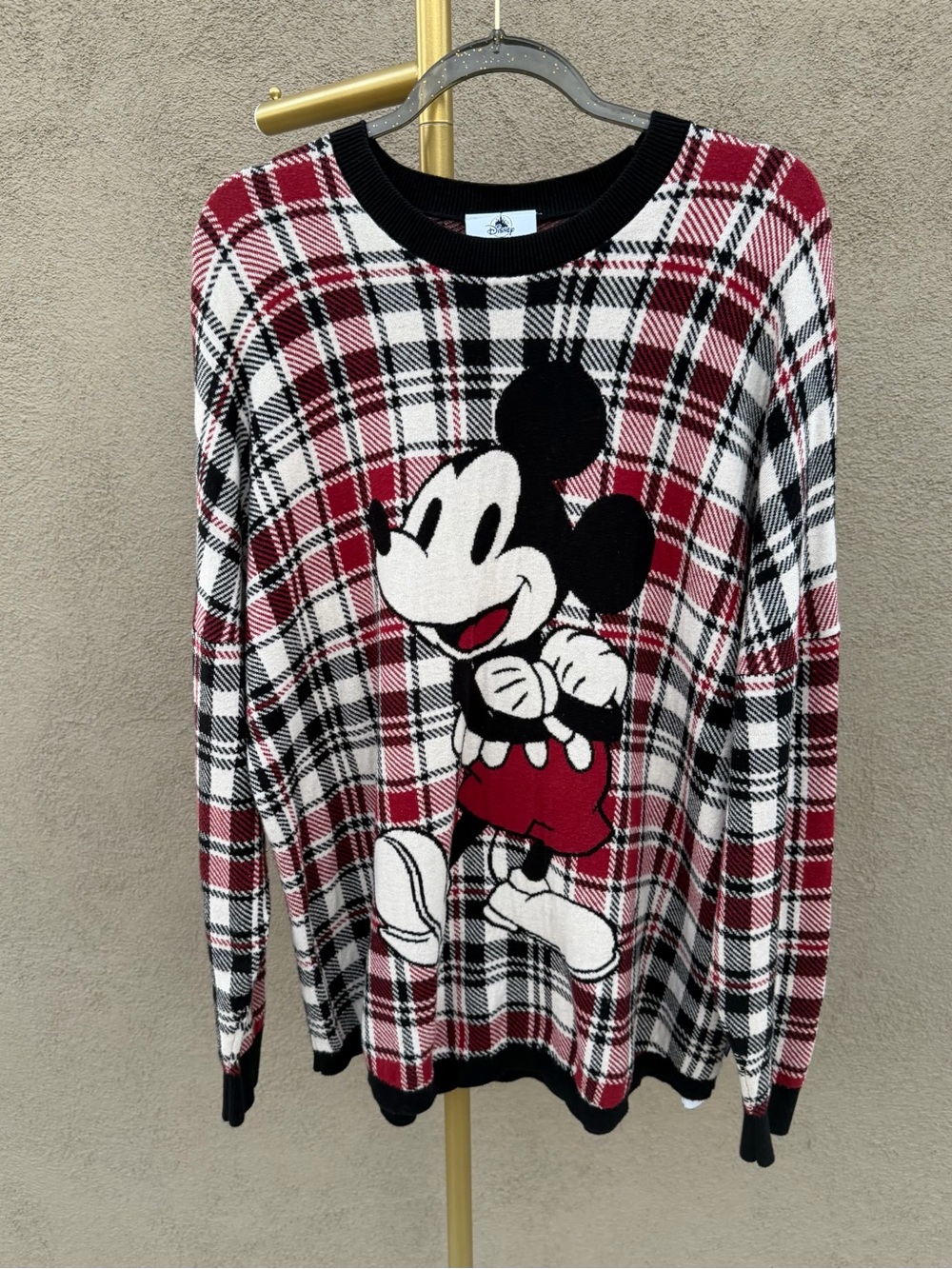 Disney Spirit Jersey Mickey Mouse Plaid Sweater Holiday Red Black White